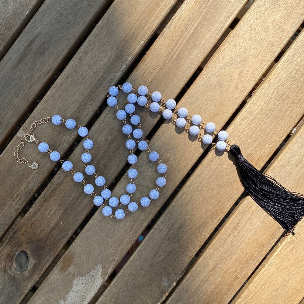 Baublebar | white marble bead and black tassel necklace